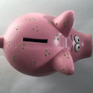 Big ceramic piggy bank figurine decoration pink with green dots